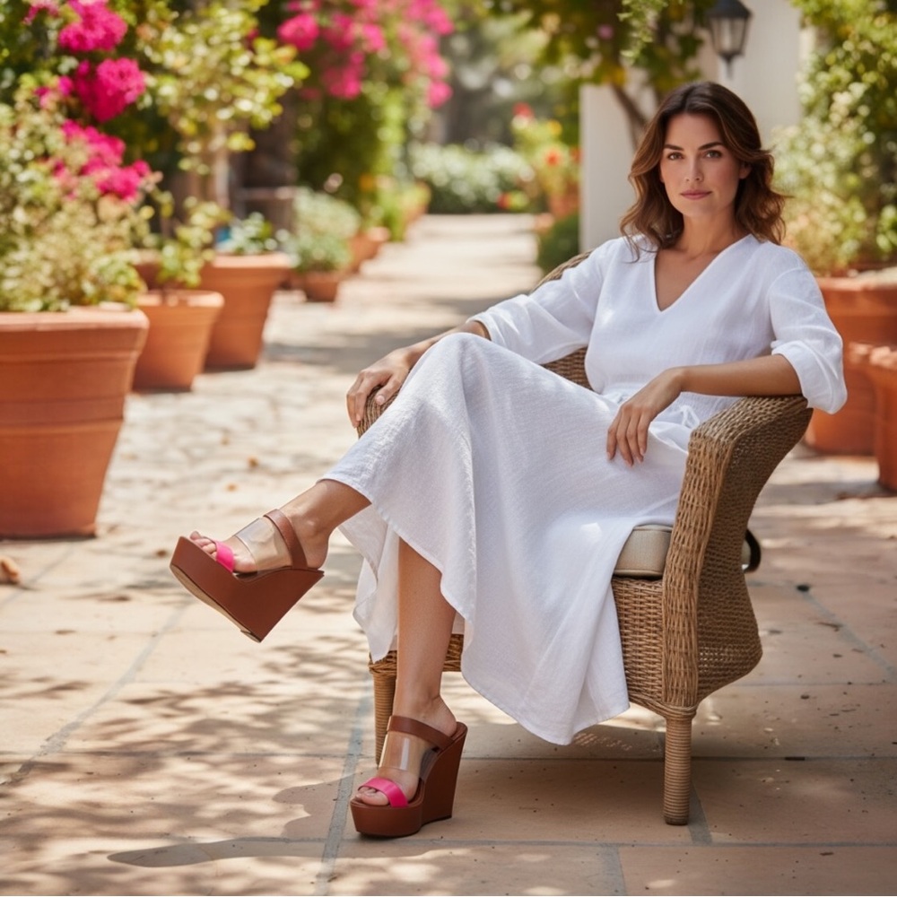 Ruthie Davis Brown and Pink Triple Strap Wedges